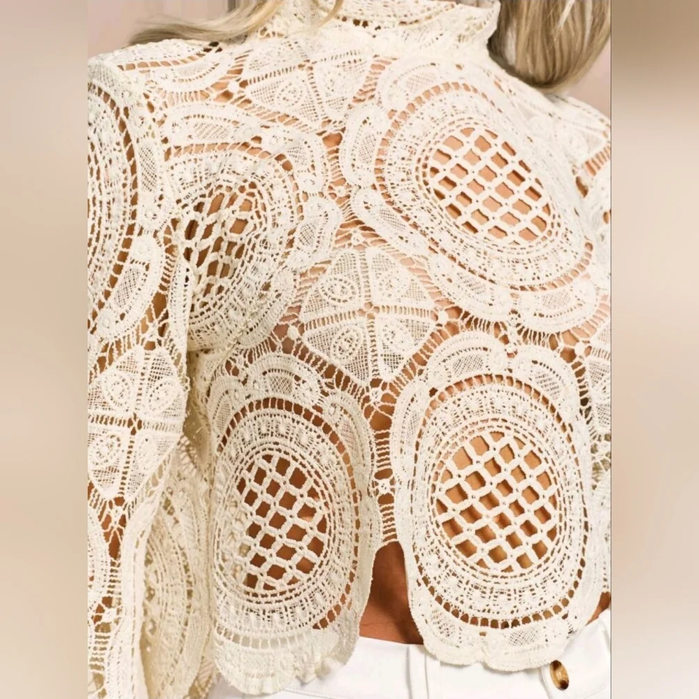 Glamine Long Sleeve StandCollar Water Soluble Flower Inlay Edge Sheer Hollow Top - Picture 4 of 7